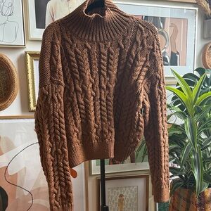 Cable Knit Turtleneck Sweater - Brown